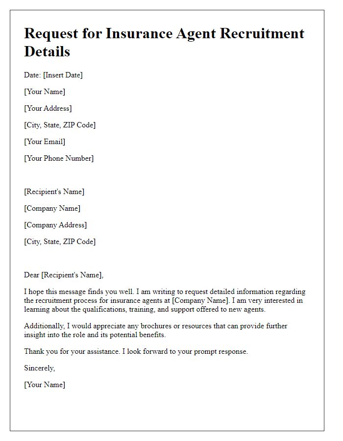 Letter template of request for insurance agent recruitment details.