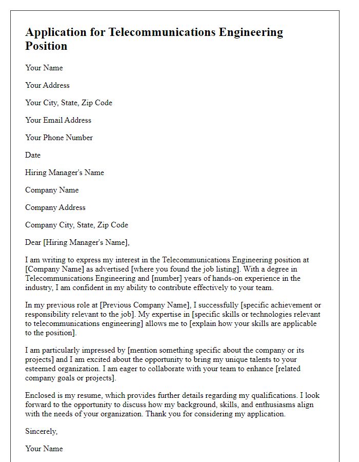 Letter template of application for telecommunications engineering position