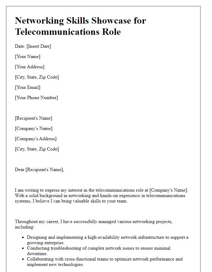 Letter template of networking skills showcase for telecommunications role