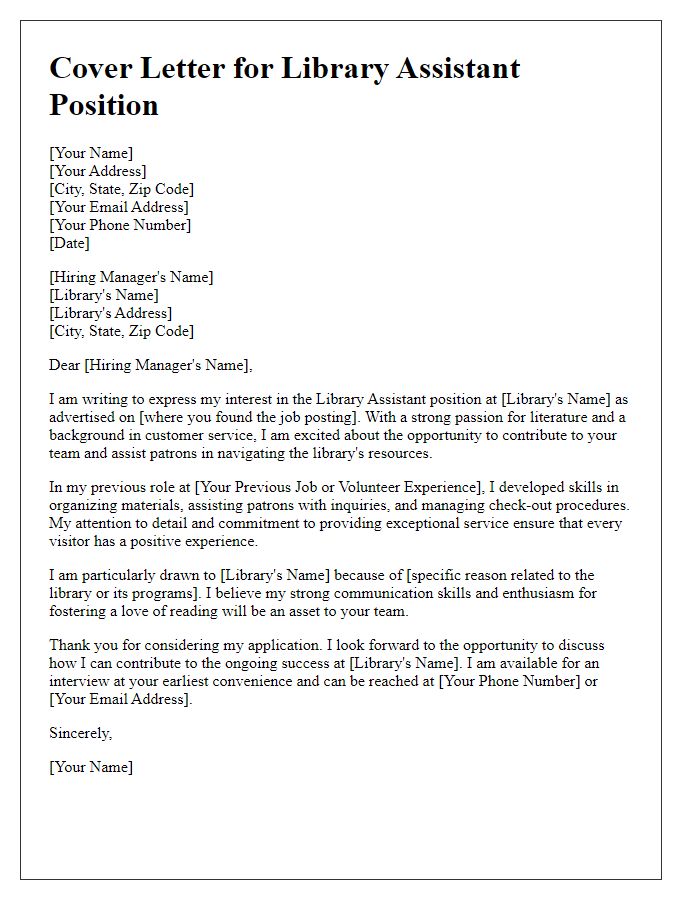 Letter template of cover letter for library assistant job