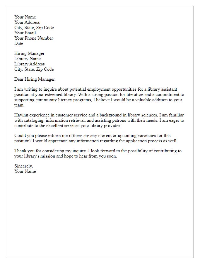 Letter template of inquiry for library assistant employment