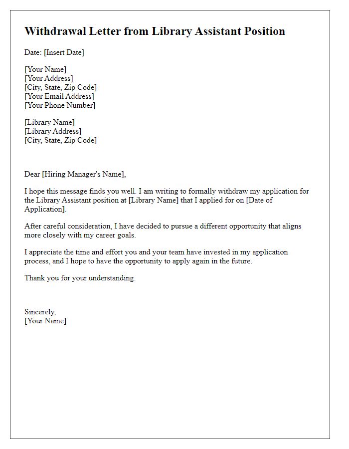 Letter template of withdrawal from library assistant position