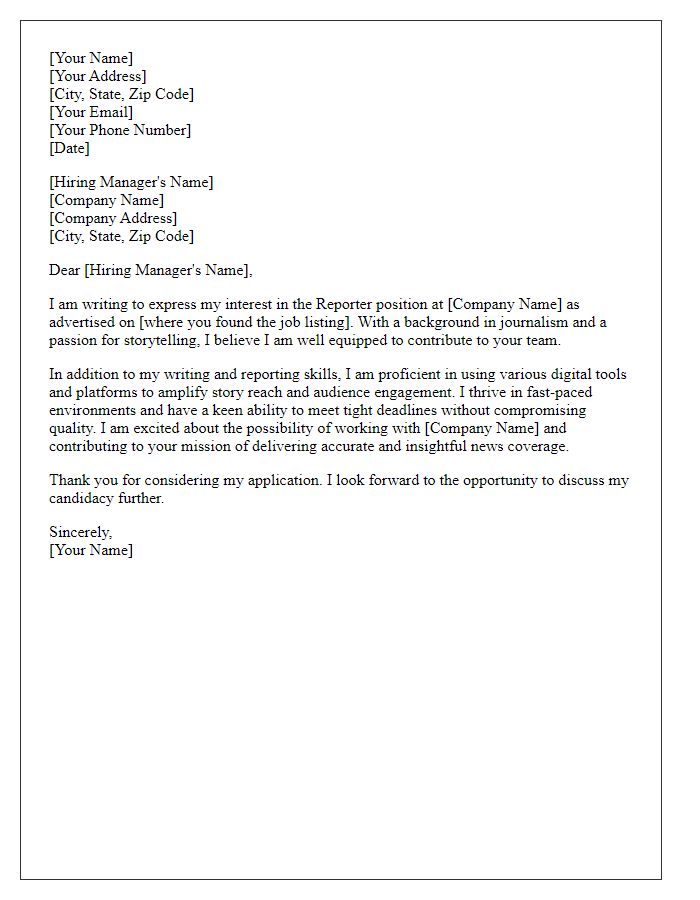 Letter template of cover letter for reporter role