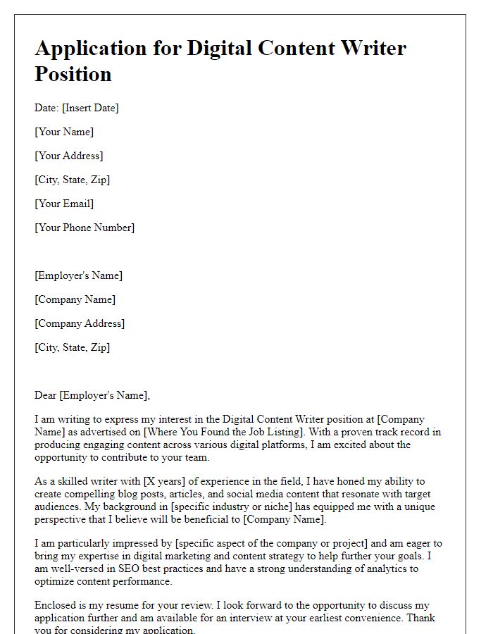 Letter template of digital content writer application