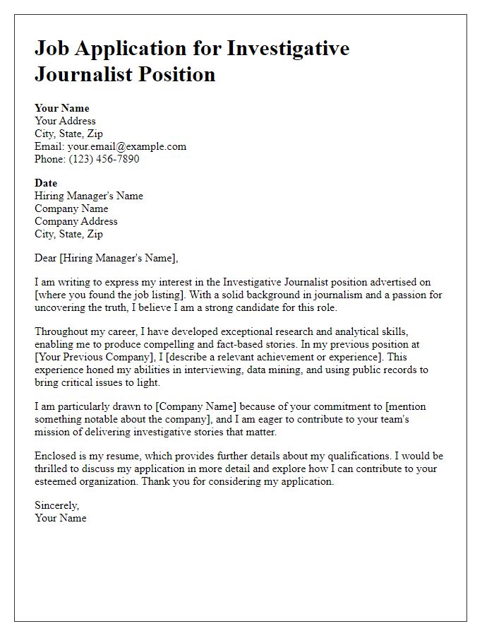 Letter template of investigative journalism job application