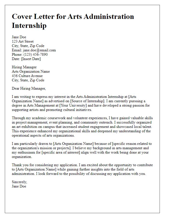 Letter template of cover letter for arts administration internship