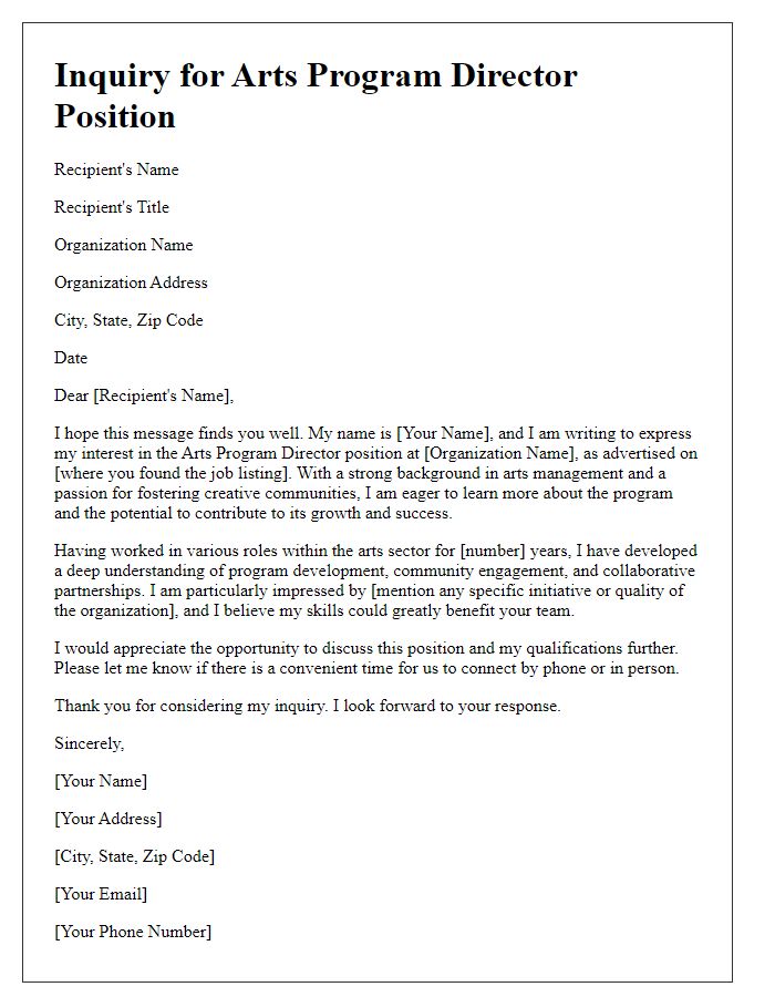 Letter template of inquiry for arts program director position