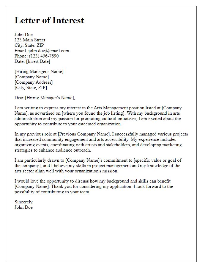 Letter template of interest in arts management role