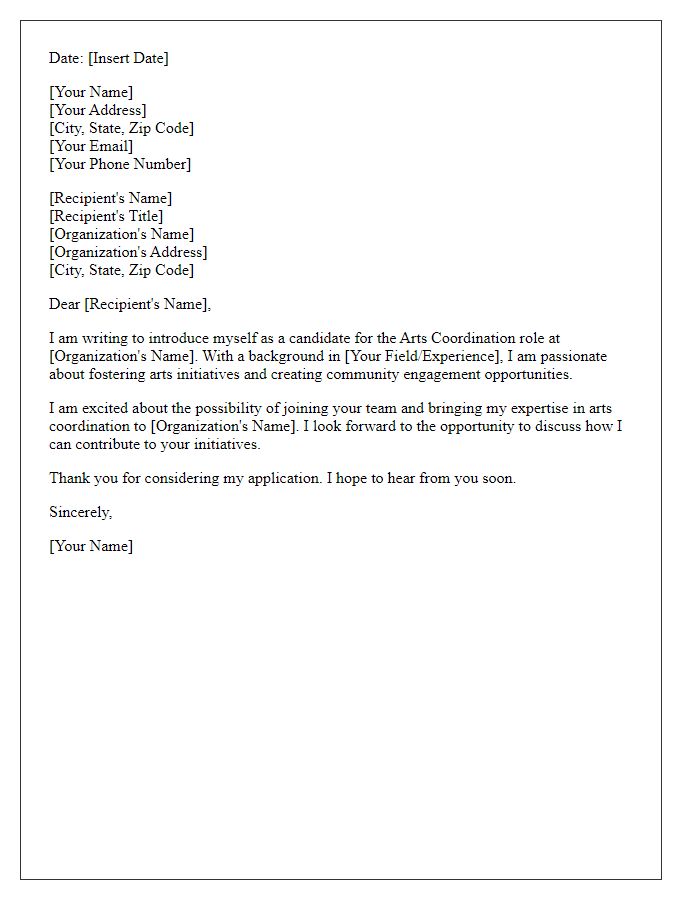 Letter template of professional introduction for arts coordination role