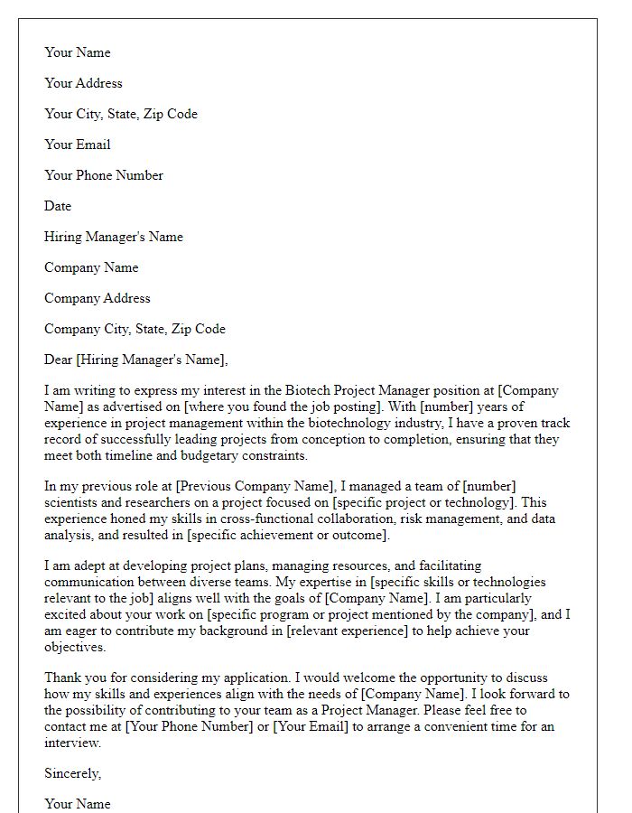 Letter template of cover letter for a biotech project manager role