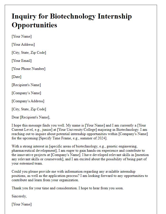 Letter template of inquiry for biotechnology internship opportunities