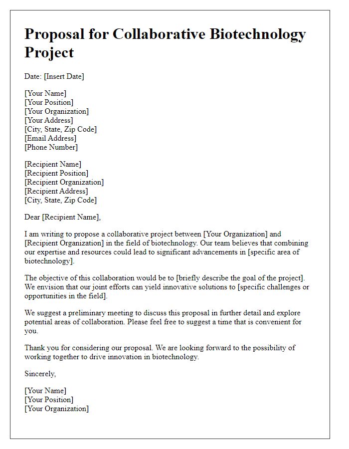 Letter template of proposal for a collaborative biotechnology project