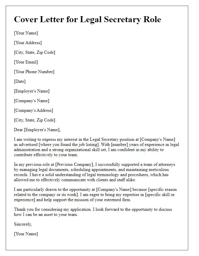 Letter template of cover letter for legal secretary role