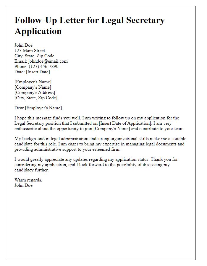 Letter template of follow-up for legal secretary application