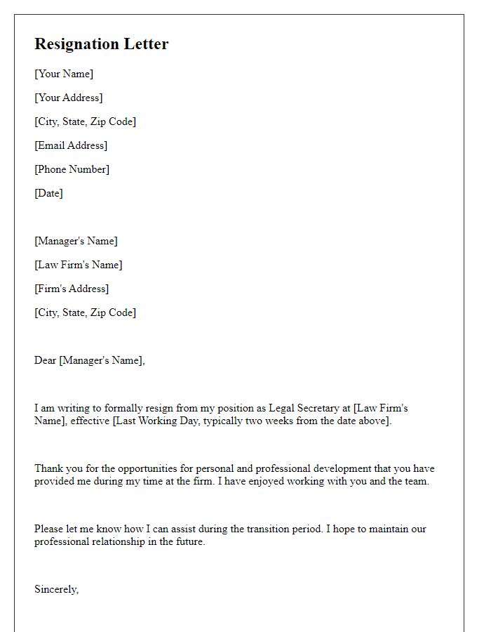 Letter template of resignation for legal secretary position