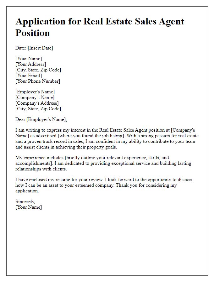 Letter template of application for real estate sales agent