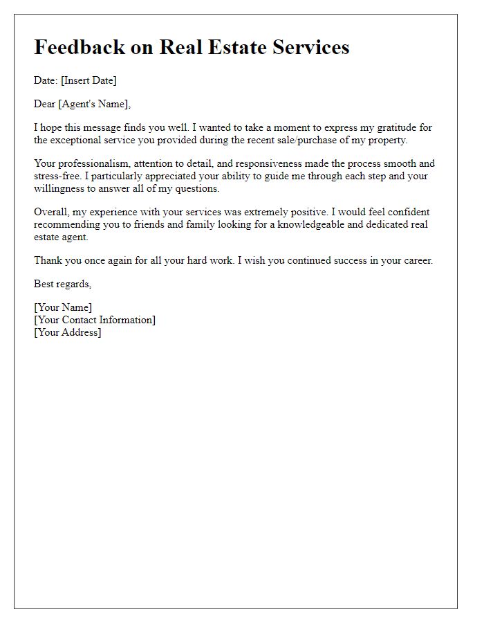 Letter template of feedback for real estate agent services