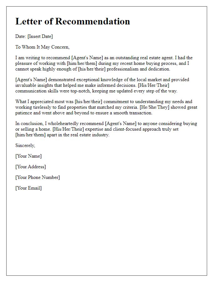 Letter template of recommendation for a real estate agent