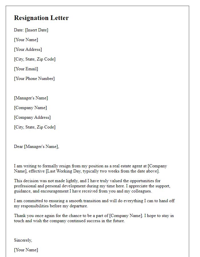 Letter template of resignation from real estate agent role