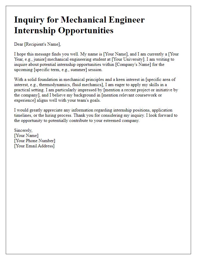 Letter template of inquiry for mechanical engineer internship opportunities.