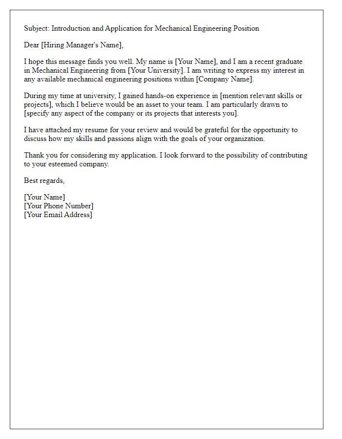 Letter template of introductory email for mechanical engineering job openings.