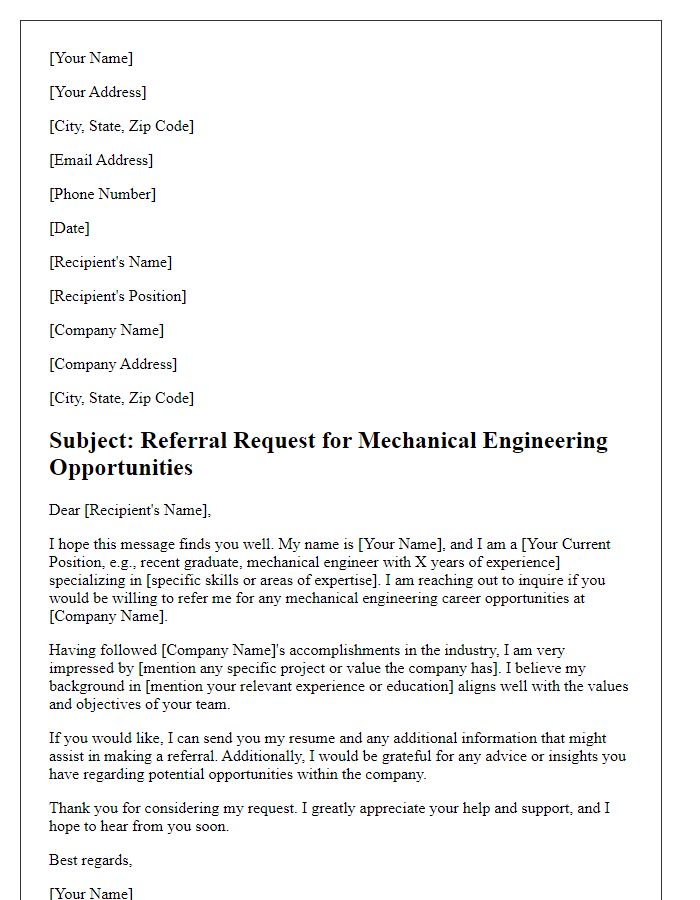 Letter template of referral request for mechanical engineering career opportunities.