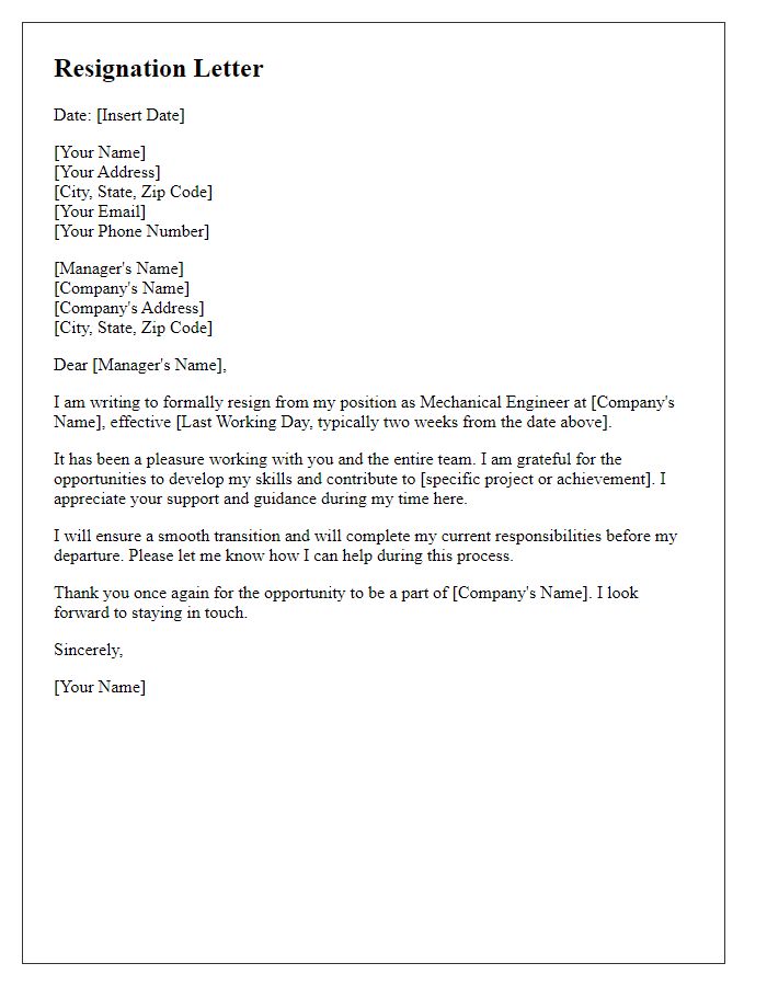 Letter template of resignation for mechanical engineer position.