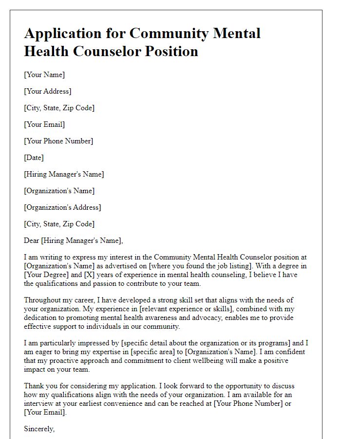 Letter template of application for community mental health counselor roles.