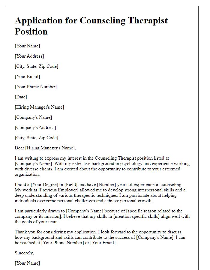 Letter template of application for a counseling therapist position.