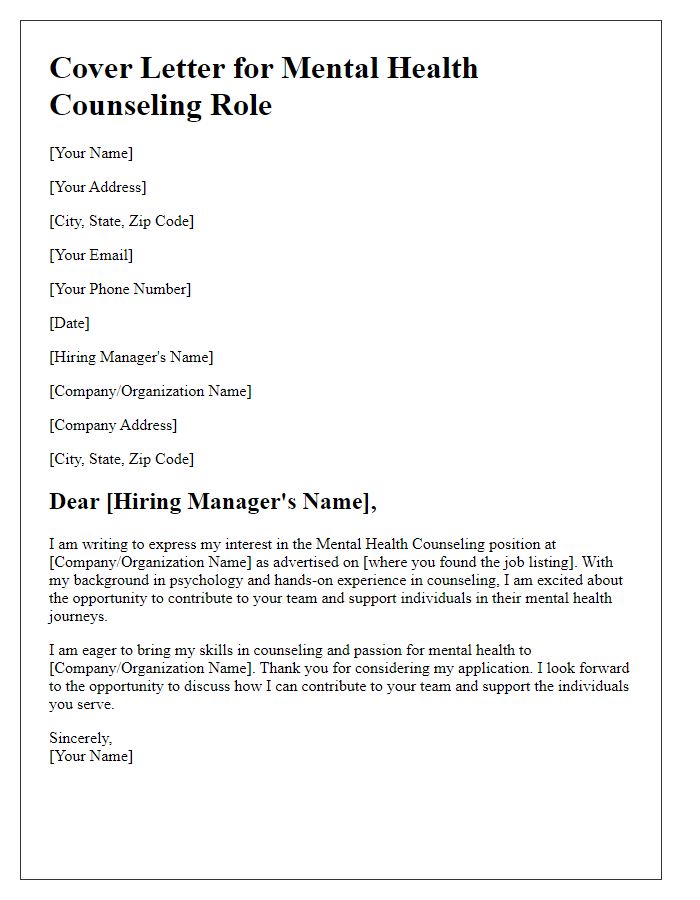 Letter template of cover letter for mental health counseling role.