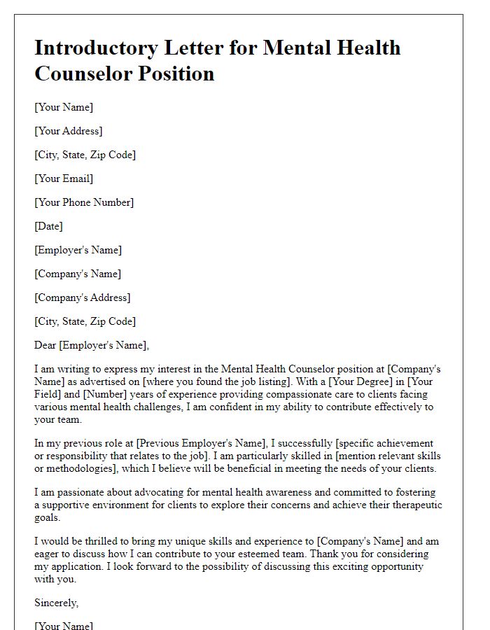 Letter template of introductory letter for mental health counselor job.