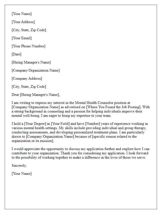 Letter template of request for mental health counselor job consideration.