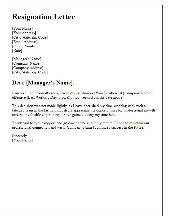 Letter template of resignation from fashion industry position