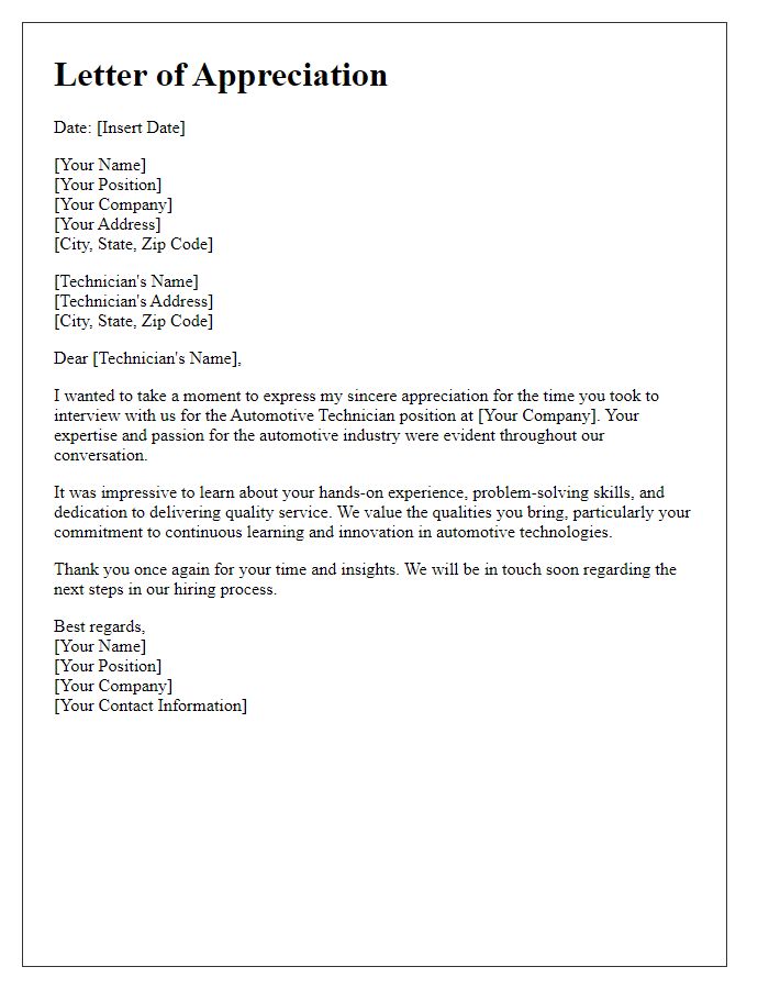 Letter template of appreciation for automotive technician interview