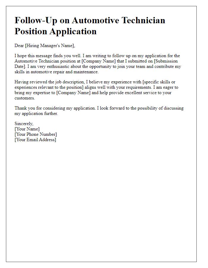 Letter template of follow-up for automotive technician position