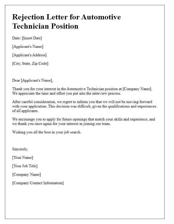 Letter template of rejection for automotive technician position