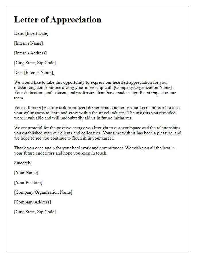 Letter template of appreciation for travel industry internship.