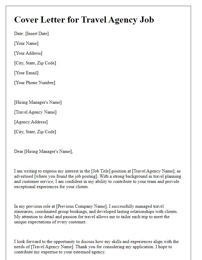 Letter template of cover letter for travel agency job.