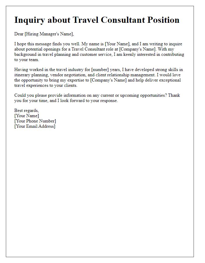 Letter template of inquiry for travel consultant role.