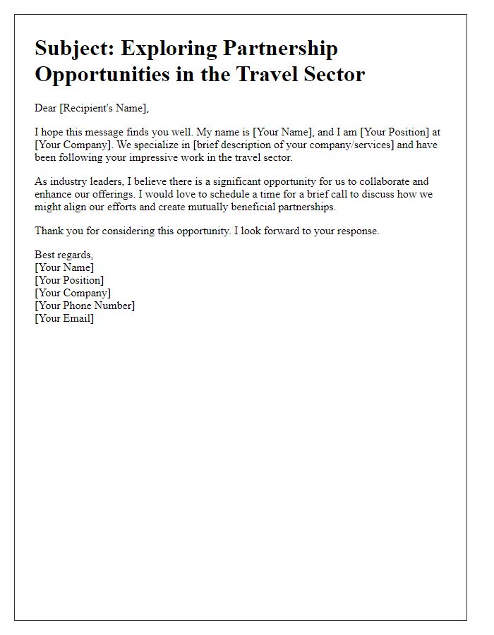 Letter template of networking outreach in travel sector.