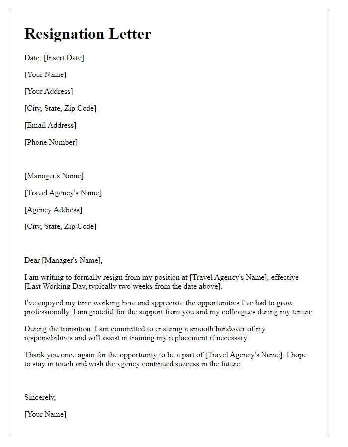 Letter template of resignation from travel agency position.