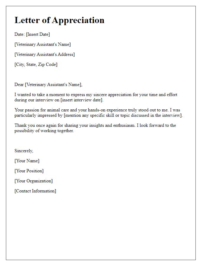 Letter template of appreciation for a veterinary assistant interview