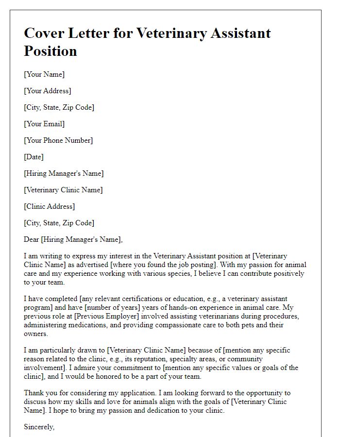 Letter template of cover letter for vet assistant role