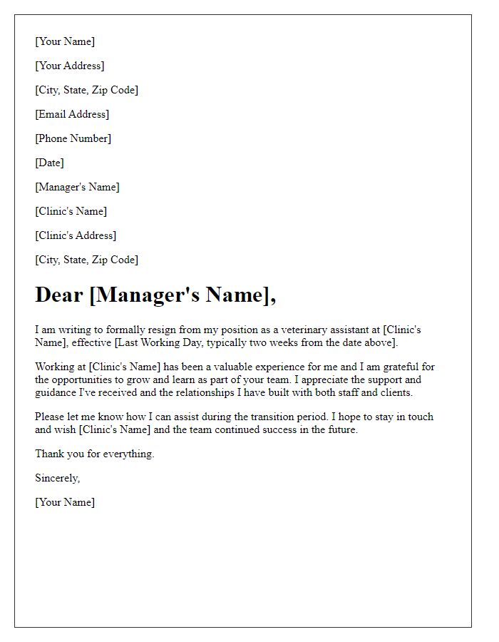 Letter template of resignation from a veterinary assistant role