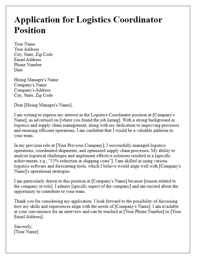 Letter template of application for logistics coordinator role.