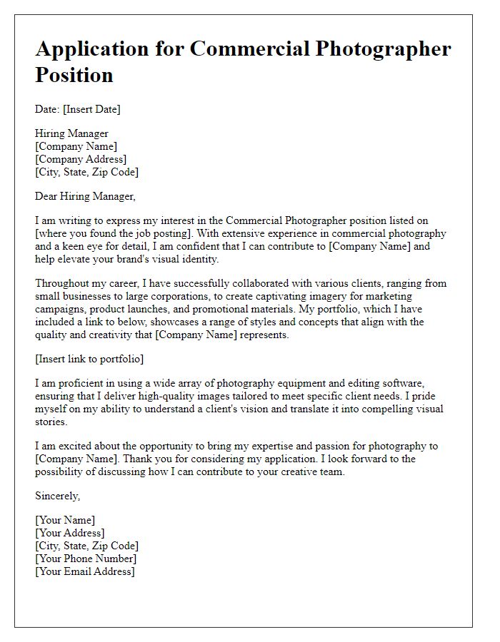 Letter template of a photography job application for a commercial photographer.