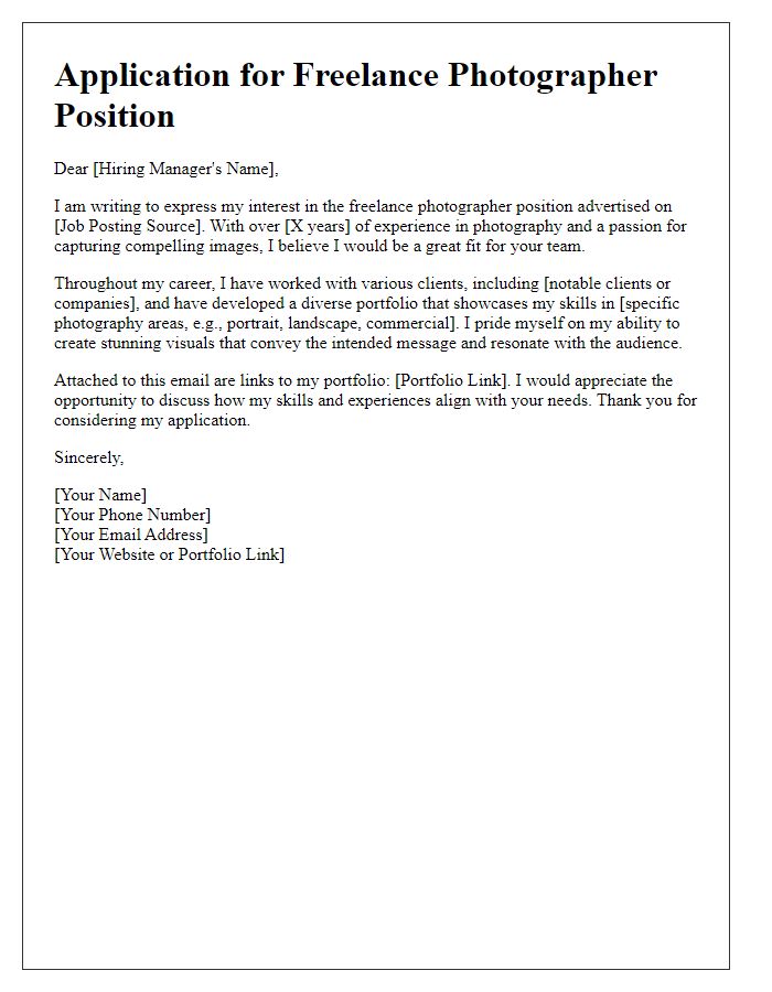 Letter template of a photography job application for a freelance photographer.