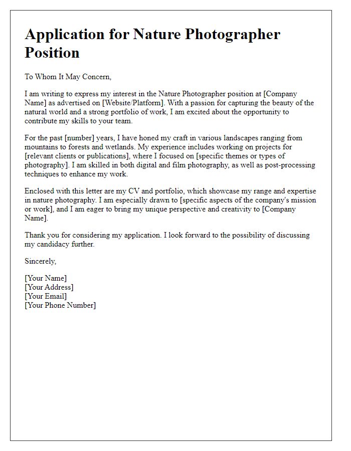 Letter template of a photography job application for a nature photographer.