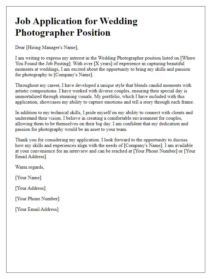 Letter template of a photography job application for a wedding photographer.