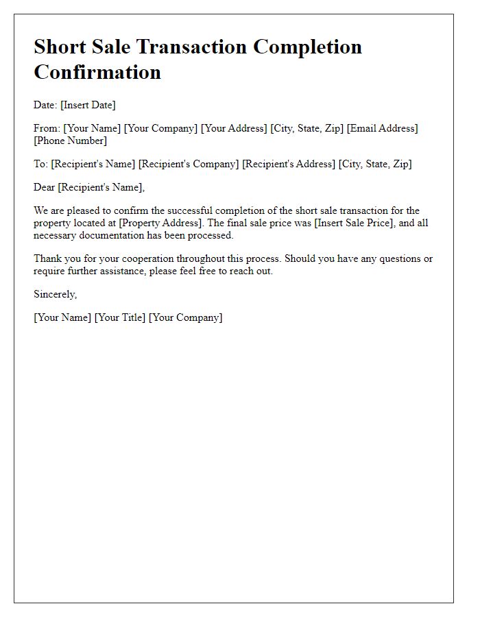 Letter template of short sale transaction completion confirmation